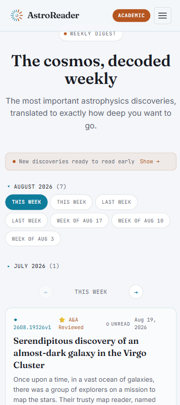 AstroReader Weekly Digest dashboard listing recent weeks of issues.