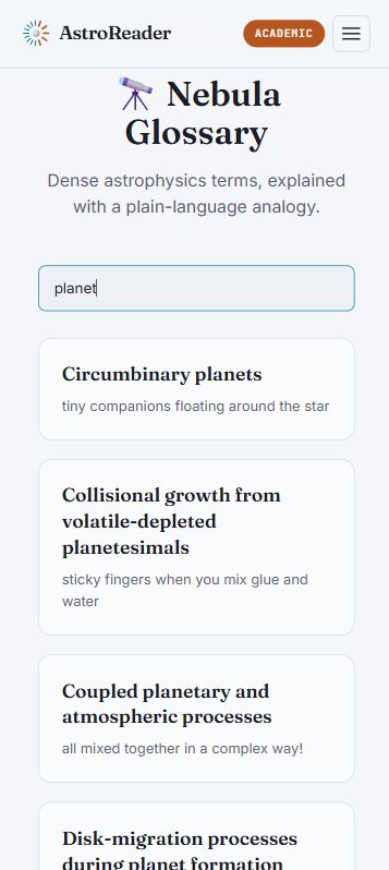 Nebula Glossary search screen listing dense astrophysics terms with plain-language taglines.
