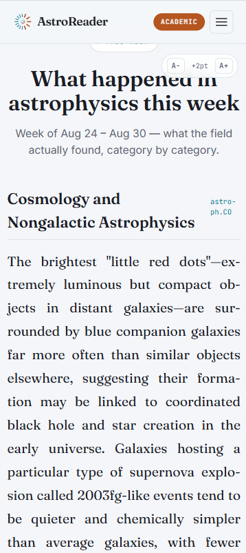 Weekly Recap page showing 'What happened in astrophysics this week' with a per-category summary.