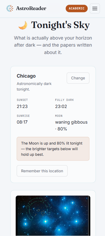 Tonight's Sky screen showing sunset/dark/sunrise times and moon phase for Chicago.